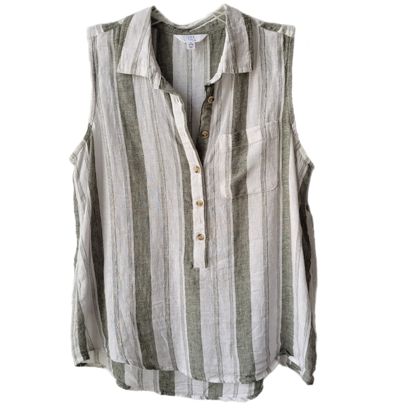 Linen/Lyocell Blend Sleeveless Striped Button Front Collar Henley Top Sz Small - Picture 1 of 10